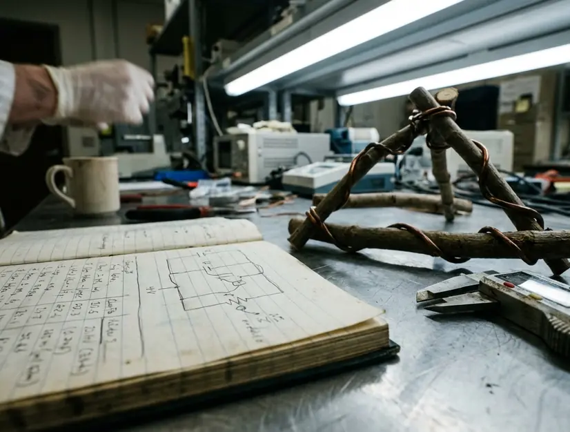 Research notebook with handwritten data, equipment background showing a hasty sketch of the two-branch wiring
