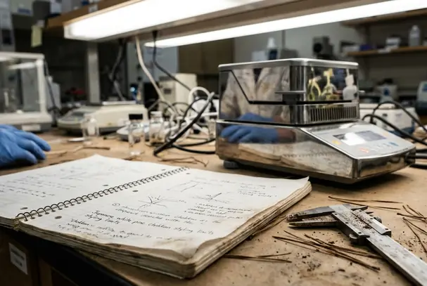 Research notebook with handwritten data, equipment background showing messy ink notes on Japanese white pine