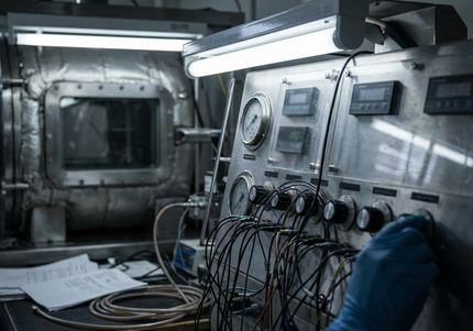 Control panel with gauges and readouts, industrial setting attached to a DACH climate-controlled dormancy chamber
